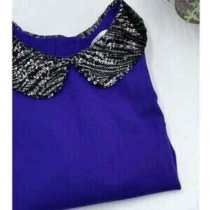 Milly Vintage Purple‎ Blouse Black Sequin Collar Back Buttons Short Sleeve Sz SM